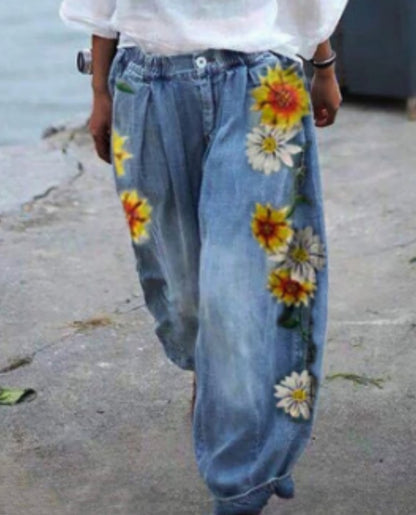 Women'S Fashion Vintage Casual Floral Embroidery Loose Jeans