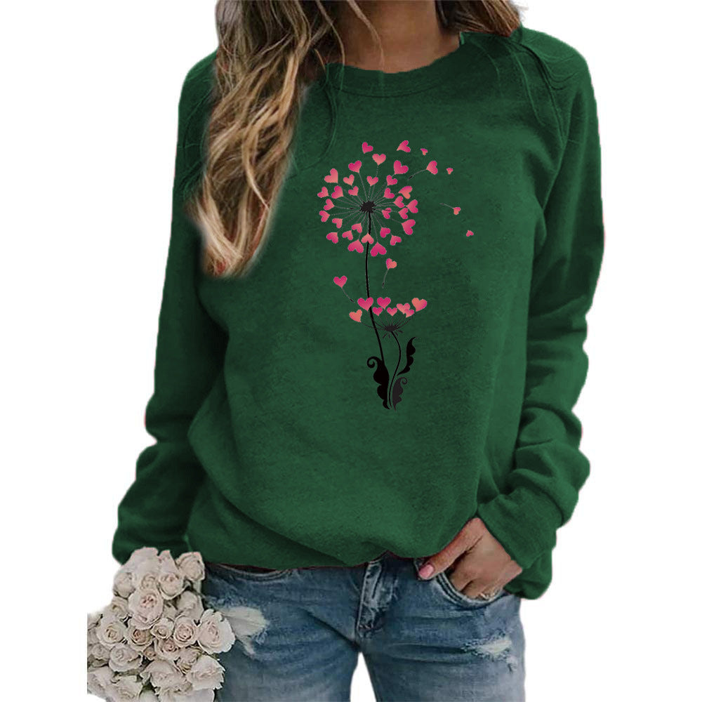 Sudadera holgada informal con estampado de diente de león y corazón para mujer, cuello redondo y manga larga