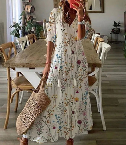 Women Casual Loose V Neck Floral Maxi Dress