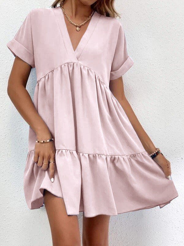 Vestido informal de verano para mujer, con escote en V y manga corta, estilo swing grande