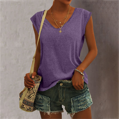 Women Casual Solid Color V Neck Simple Loose Sleeveless Tank Top