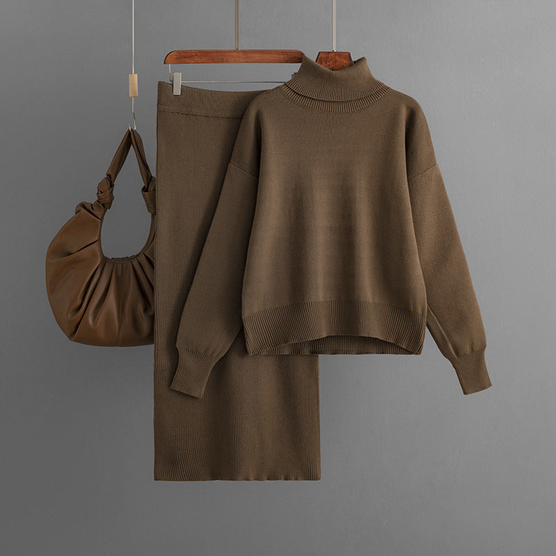 Conjunto de dos piezas de suéter y falda de cuello alto de punto de color liso informal para mujer de otoño e invierno