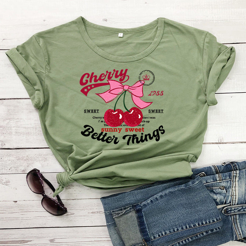 Camiseta informal de verano para mujer con estampado de cerezas, cuello redondo y manga corta