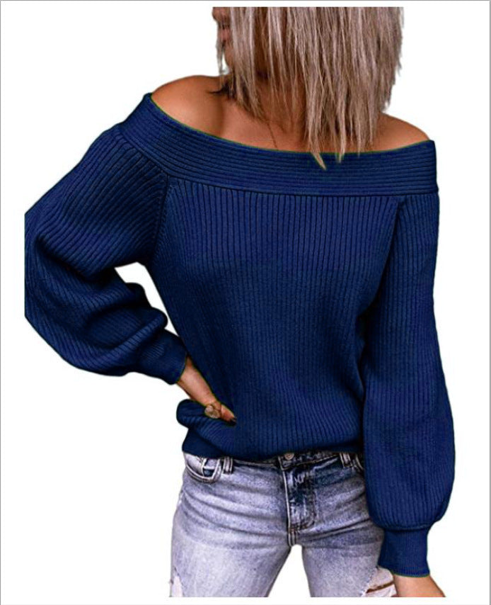 Women Casual Basic Off-the-shoulder Loose Knit Solid Color Sweater
