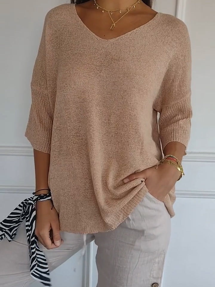 Women Fashion Casual V-Neck Solid Color Knit Sweater