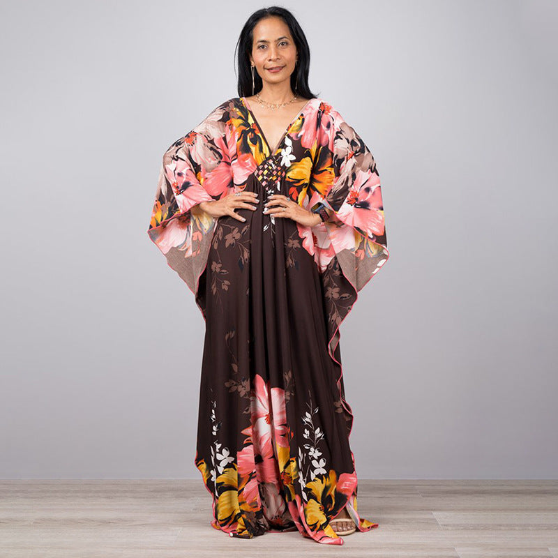 Traje de baño largo con estampado floral a rayas y protección solar para mujer