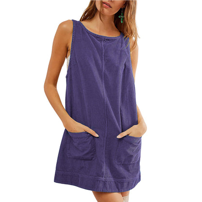 Women Casual Corduroy Solid Color Sleeveless Mini Dress