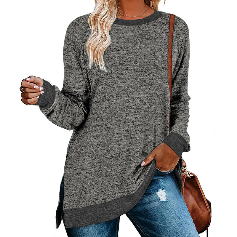 Camiseta informal de manga larga con cuello redondo y abertura en color para mujer