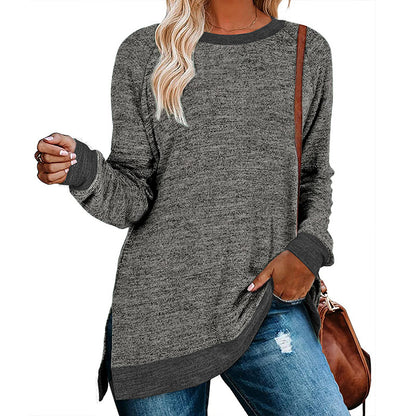 Camiseta informal de manga larga con cuello redondo y abertura en color para mujer
