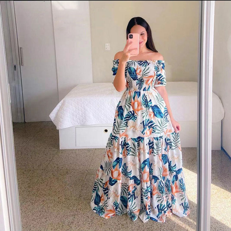 Summer Vacation Women Rainbow Color Floral Butterfly Large Swing Off Shoulder Casual Maxi Dress