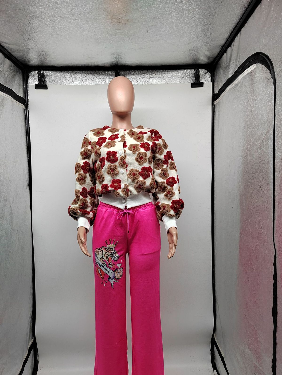 Chaqueta informal de felpa con cuello redondo y manga larga de jacquard para mujer
