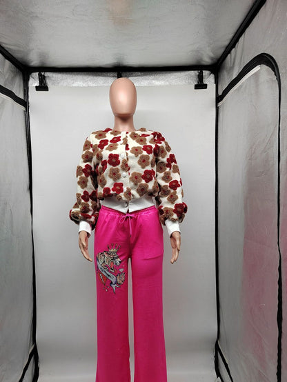 Chaqueta informal de felpa con cuello redondo y manga larga de jacquard para mujer