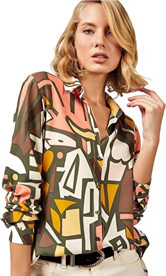 Camisa informal de manga larga con solapa y estampado de rayas de leopardo para mujer