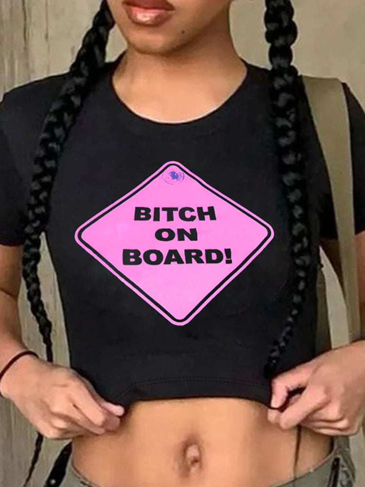 Camiseta corta informal de verano para mujer con estampado floral y letras, cuello redondo y manga corta