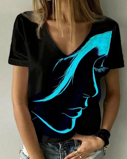 Camiseta básica de verano con cuello en V y estampado 3D de personajes informales para mujer