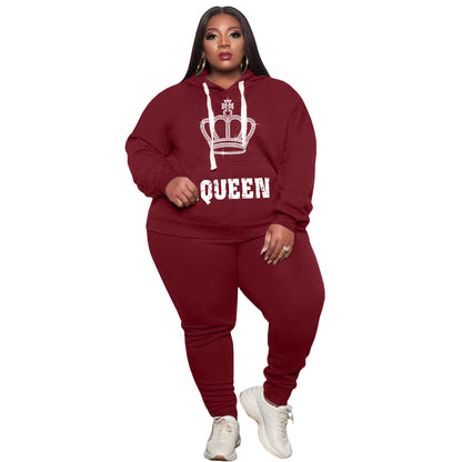 Conjunto de dos piezas deportivo informal de talla grande para mujer, de manga larga, con estampado de letras Queen y pantalones de color liso con diamantes de imitación