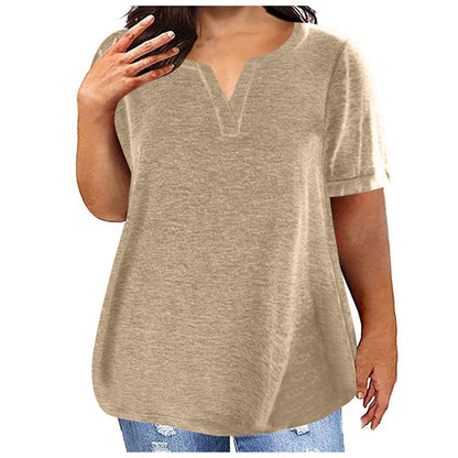 Women Casual Plus Size Solid Color V-Neck Short Sleeve Pocket T-Shirt