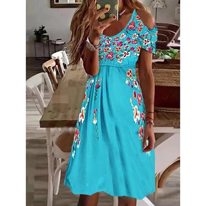 Women Bohemian Style Pleated Off-Shoulder Short-Sleeved Casual Midi Dress
