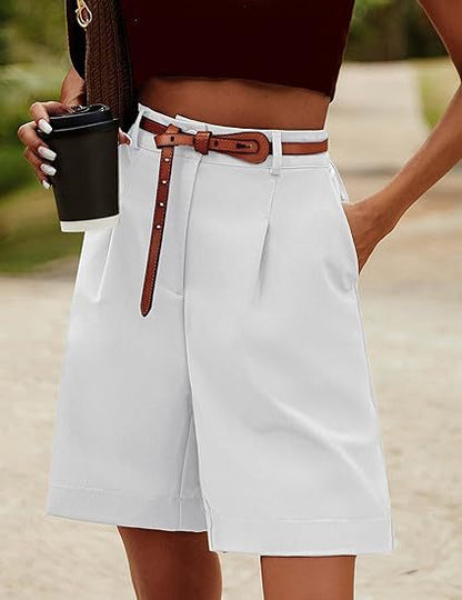 Women Fashion Casual Solid Color Elastic Waist Wide Leg Pockets Shorts