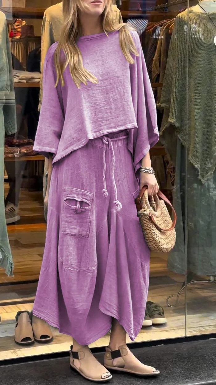 Conjunto de dos piezas para mujer, informal, de color liso, holgado, de manga larga, con falda irregular y cordones