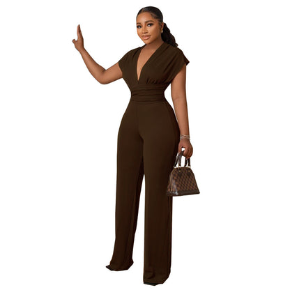 Women Fashion Casual Solid Color V-Neck Sleeveless Silm-Fit Jumpsuit