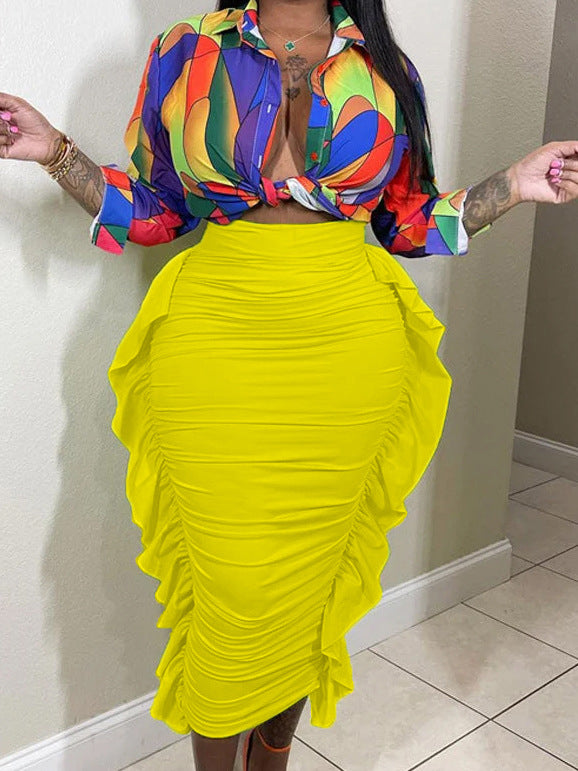 Women Fashion Casual Solid Color Skinny Ruffle Skirt