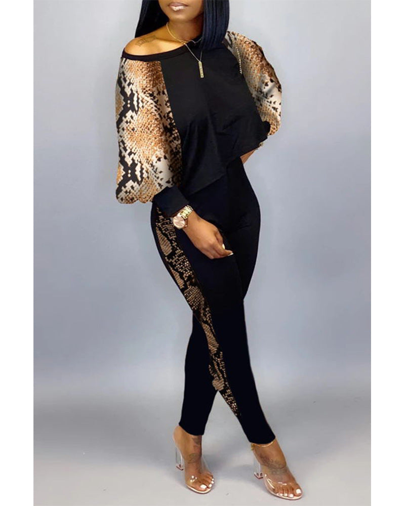 Conjunto de top holgado y pantalones ajustados con estampado gráfico informal de moda para mujer
