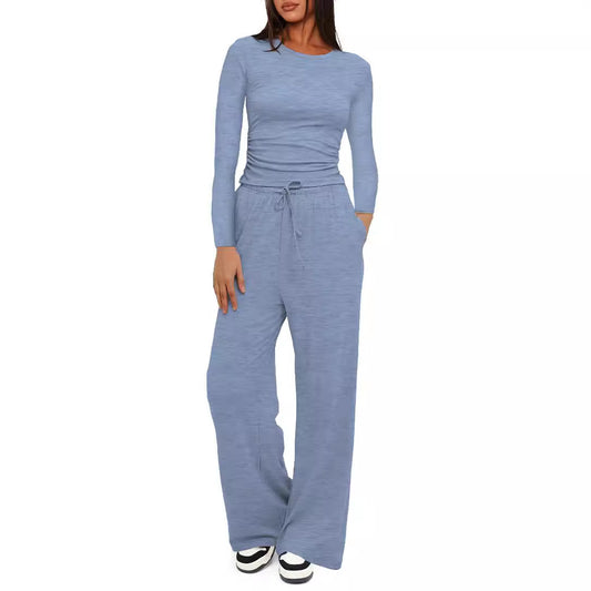 Conjunto de dos piezas formado por camiseta y pantalón de pierna ancha, cintura alta, color liso, informal, sencillo, para mujer