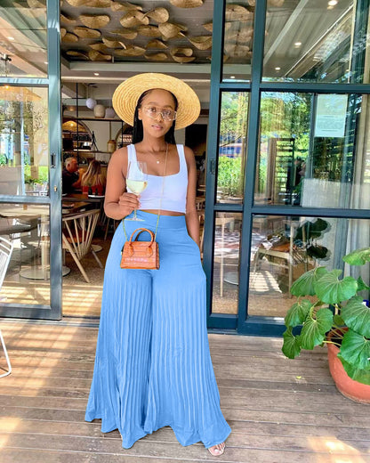 Women Fashion Casual Solid Color Pleated Wide Leg Pants