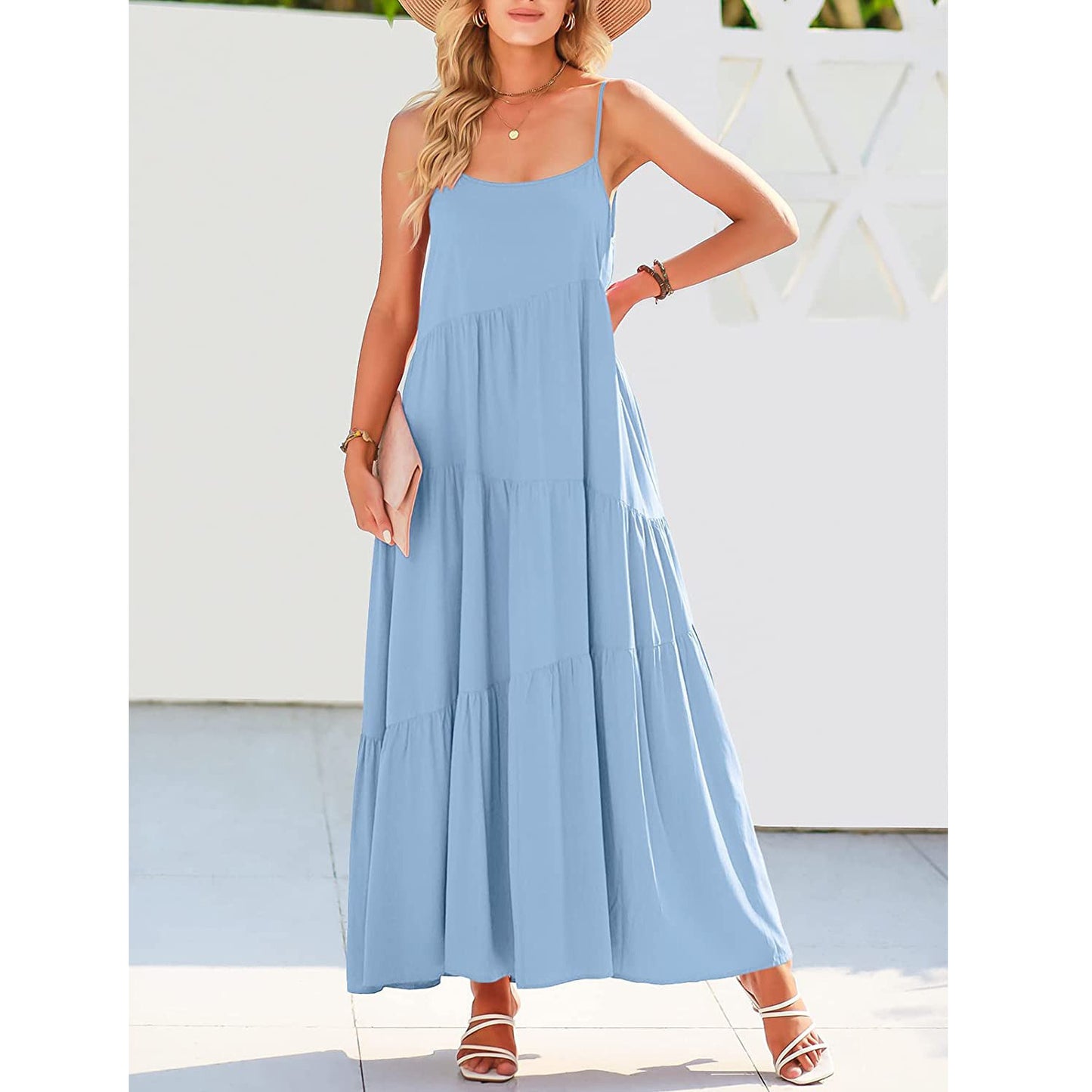Women Fashion Casual Solid Color Sling Creased Maxi Dress