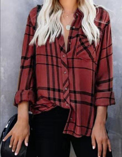 Camisa informal de manga larga con estampado a cuadros y solapa para mujer