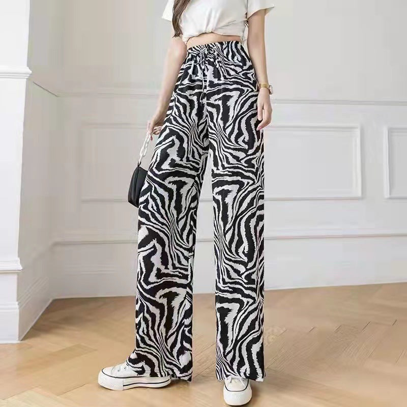 Women Summer Basic Casual Tie-Dye High Waist Ice Silk Wide-Leg Trousers