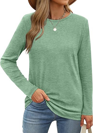 Camiseta informal de verano para mujer, color liso, cuello redondo, manga larga, en blanco