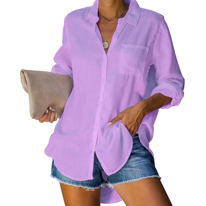 Camisa informal con botones de color liso y talla grande para mujer