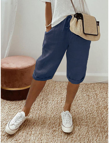 Women Casual Cotton And Linen Solid Color Pocket Pants