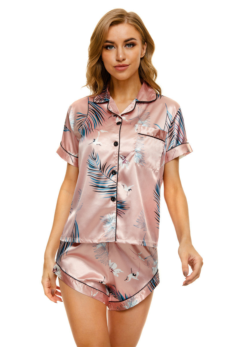 Conjunto de pijama informal de satén para mujer, con mangas cortas, solapa a rayas y pantalones cortos de botonadura sencilla