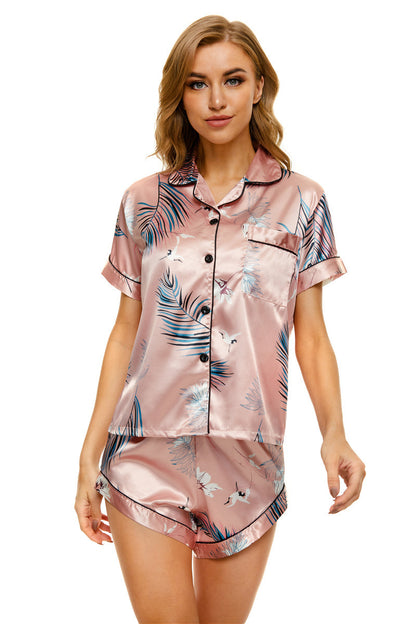 Conjunto de pijama informal de satén para mujer, con mangas cortas, solapa a rayas y pantalones cortos de botonadura sencilla