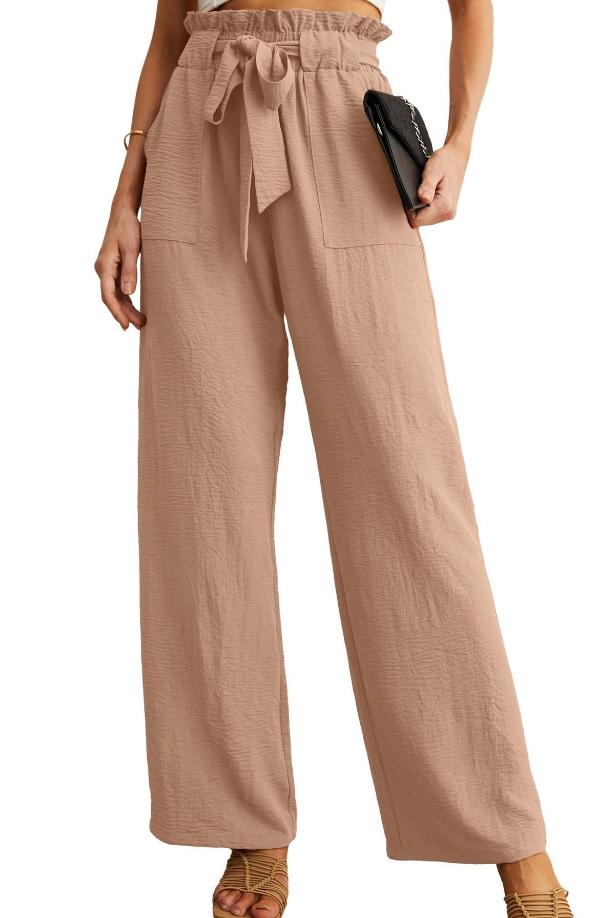 Women Fashion Casual Solid Color Pocket Lace-Up Wide Leg High Waist Pants