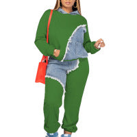 Conjunto de dos piezas con capucha y pantalones de mezclilla con parches informales a la moda para mujer