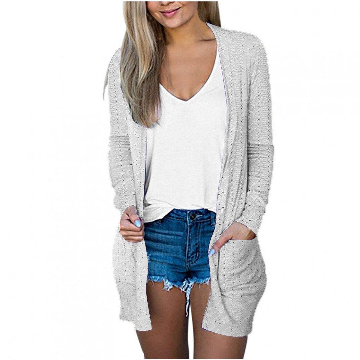 Abrigo informal holgado de manga larga con bolsillos en color liso para mujer