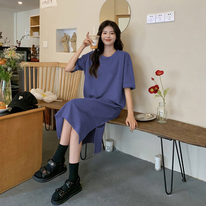 Vestido casual de manga corta de color liso para mujer