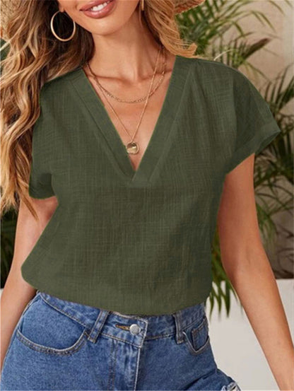 Blusa informal de verano para mujer, de color liso, holgada, de manga corta y cuello en V