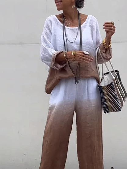 Conjunto de dos piezas de verano para mujer, informal, con degradado, manga larga, pantalones anchos y parte superior