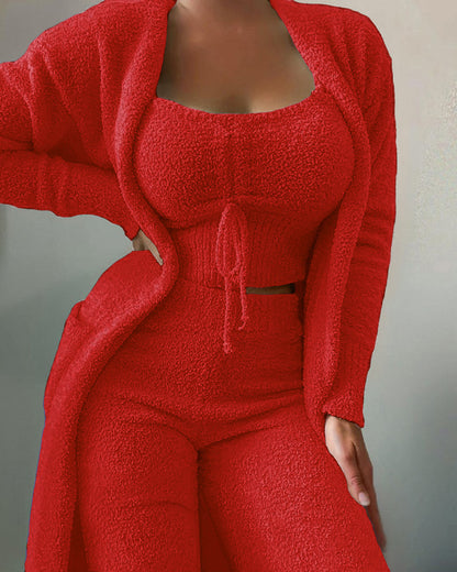 Conjunto de tres piezas de punto informal para mujer, camiseta sin mangas de felpa de color liso de invierno, pantalones y abrigo con cintura elástica
