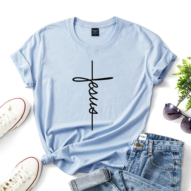 Peace Women Casual Letter Faith Print Short-sleeved Round Neck Loose Colored T-shirt