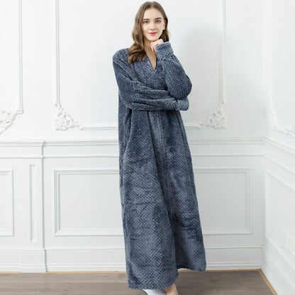 Couples Winter Fashion Casual Home Solid Color Flannel V Neck Long Sleeve Zipper Robes Sleepwear
