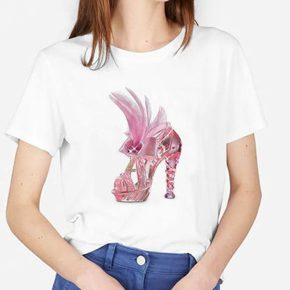 Camiseta informal de manga corta con cuello redondo y estampado de labios para mujer
