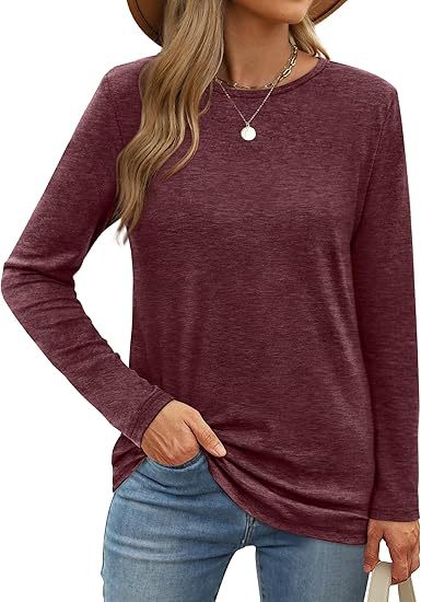 Camiseta informal de verano para mujer, color liso, cuello redondo, manga larga, en blanco