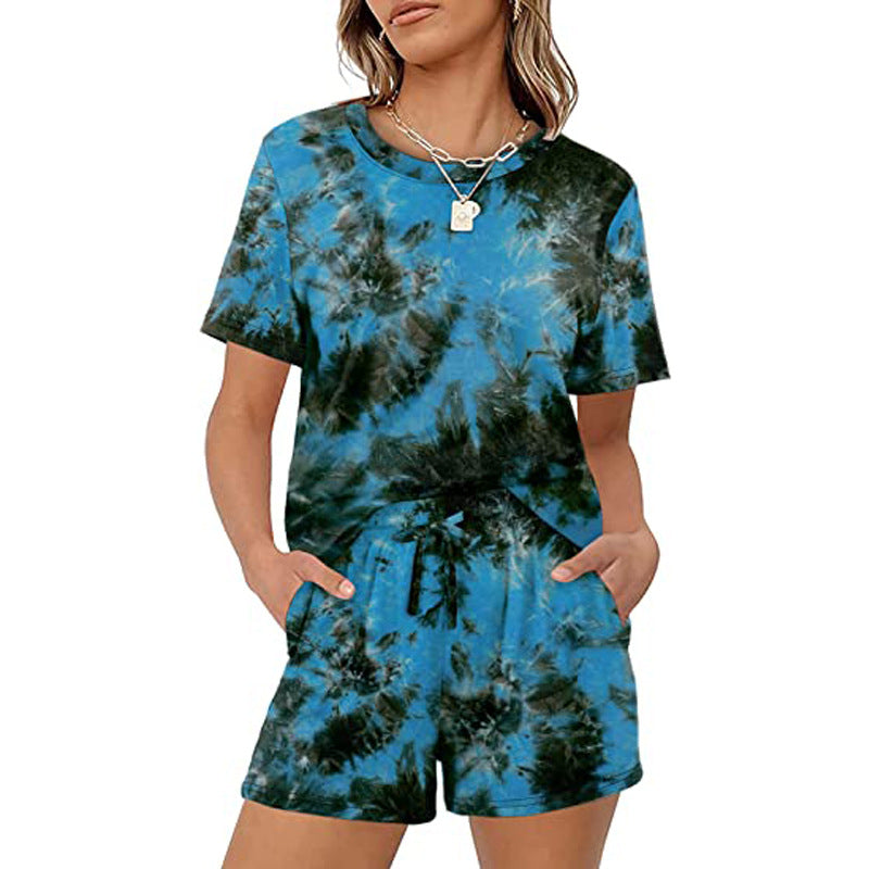 Women Casual Summer Basic Solid Color Short Sleeve T-Shirt Elastic Tie Pocket Shorts Set