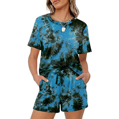 Women Casual Summer Basic Solid Color Short Sleeve T-Shirt Elastic Tie Pocket Shorts Set